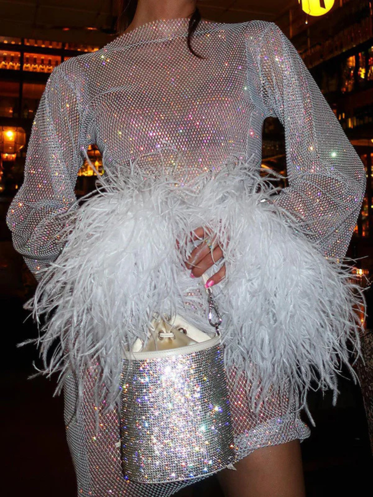 Cadence | Women’s Sheer Feather Party Dress | Glamorous & Bold