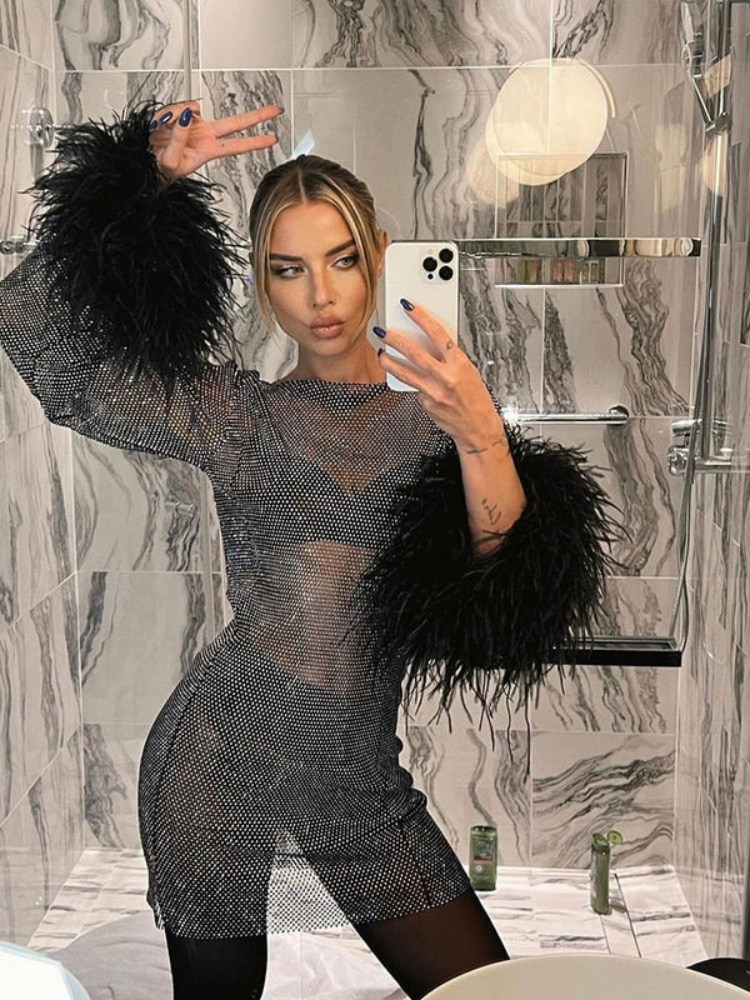 Cadence | Women’s Sheer Feather Party Dress | Glamorous & Bold