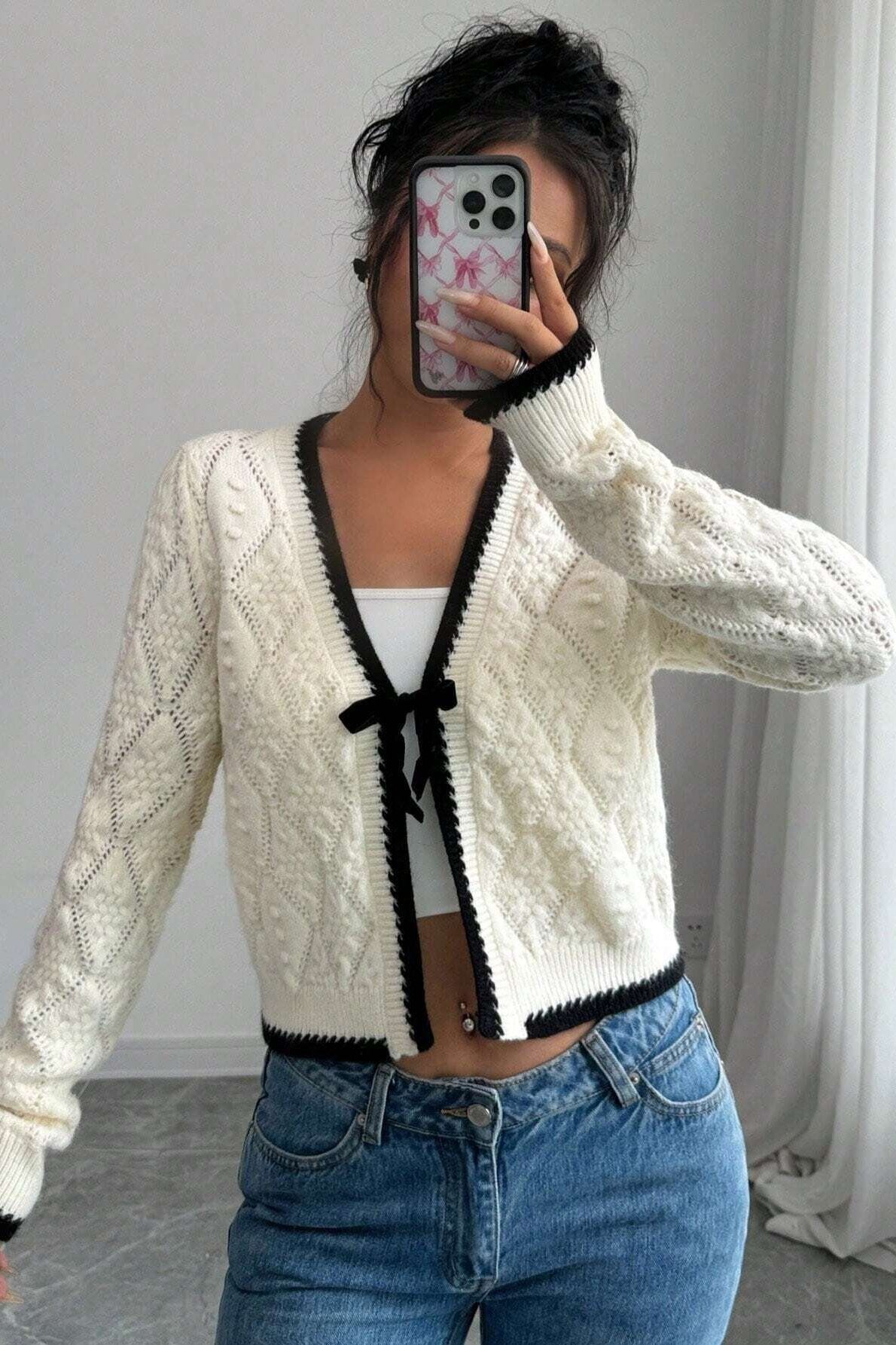 Cropped Knit Cardigan | Contrast Tie Front | Elegant & Cozy