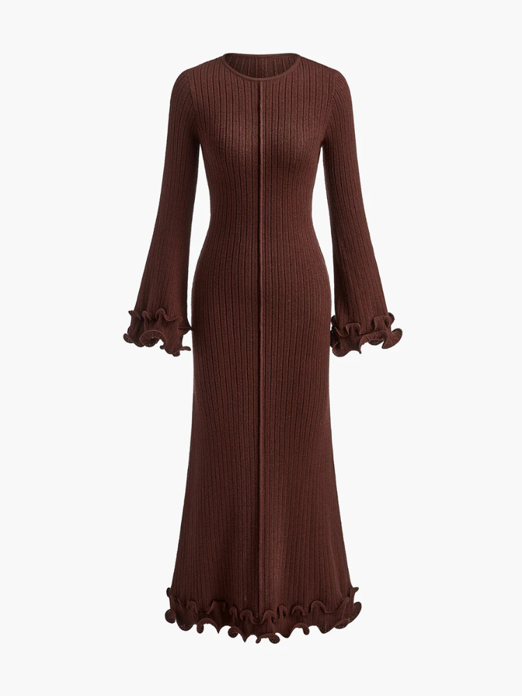 Delina | Women’s Knit Dress | Piping Ruffle Drawstring Fitted