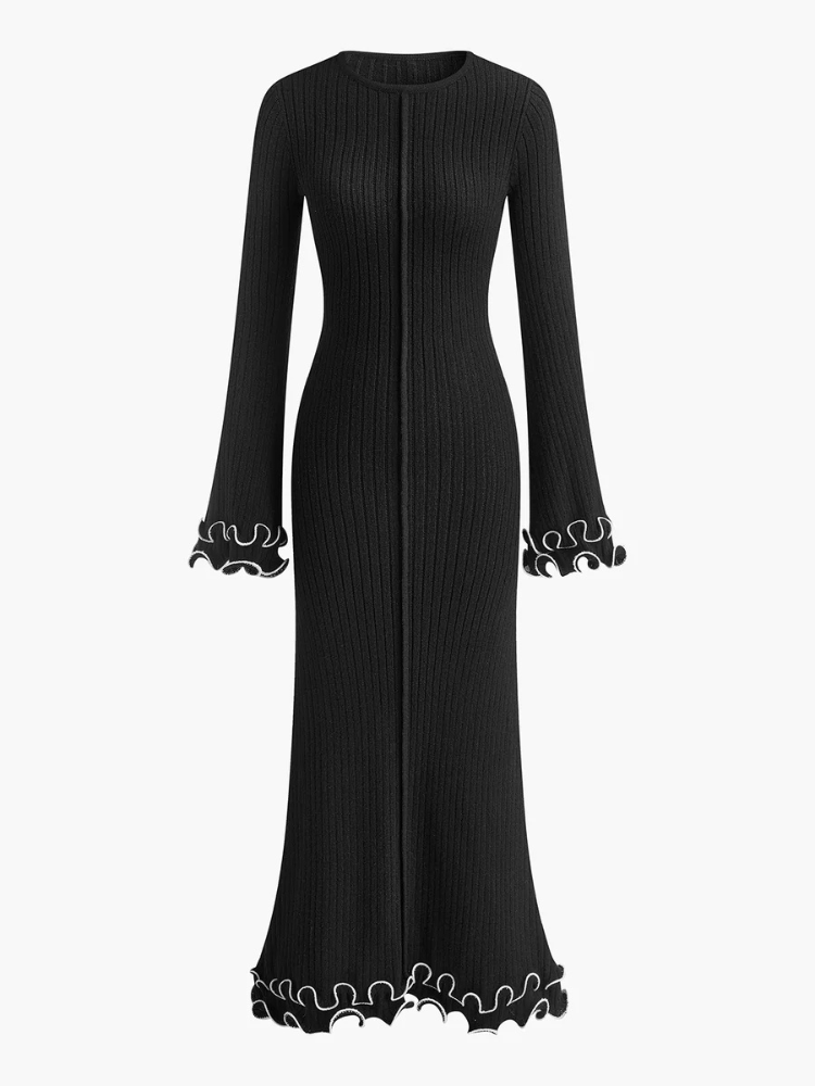 Delina | Women’s Knit Dress | Piping Ruffle Drawstring Fitted