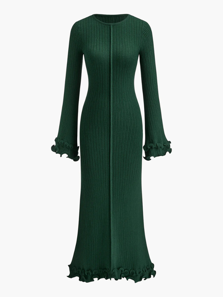 Delina | Women’s Knit Dress | Piping Ruffle Drawstring Fitted