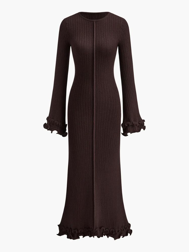 Delina | Women’s Knit Dress | Piping Ruffle Drawstring Fitted