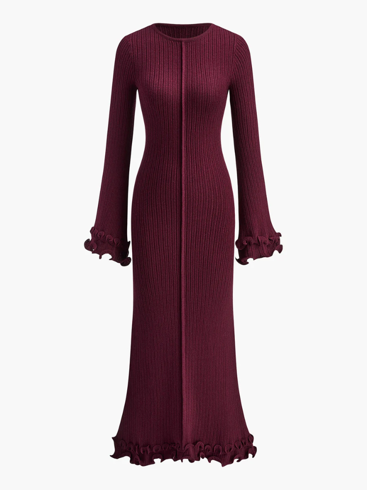 Delina | Women’s Knit Dress | Piping Ruffle Drawstring Fitted