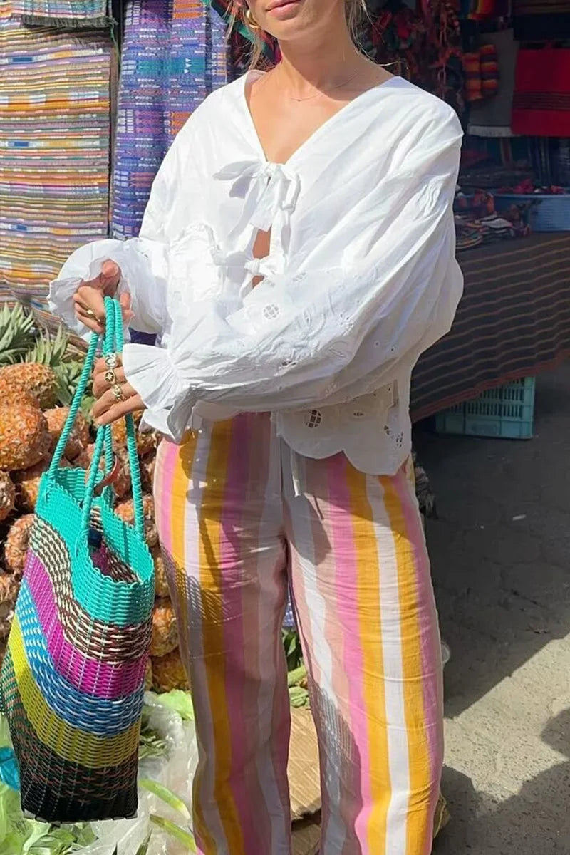 Embroidered Cotton Blouse | Tie-Front & Balloon Sleeves | Boho-Chic