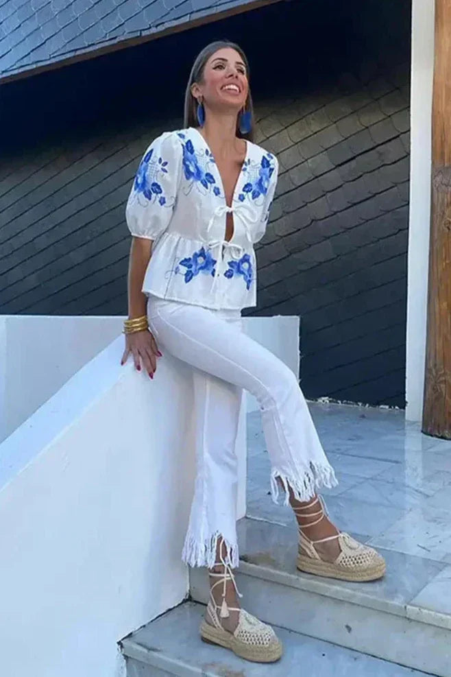 Embroidered Peplum Blouse | Floral & Feminine | Tie-Front Design