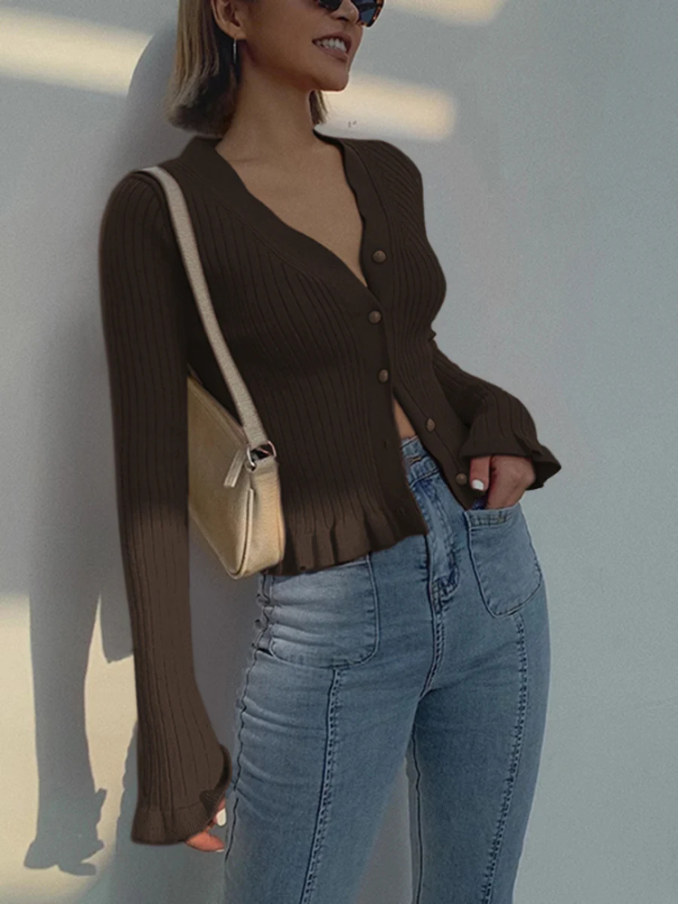 Gabriella | Women’s Cardigan | Ruffled Pearl Button Long Sleeve