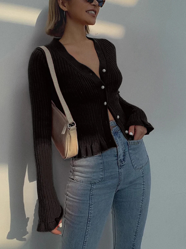 Gabriella | Women’s Cardigan | Ruffled Pearl Button Long Sleeve