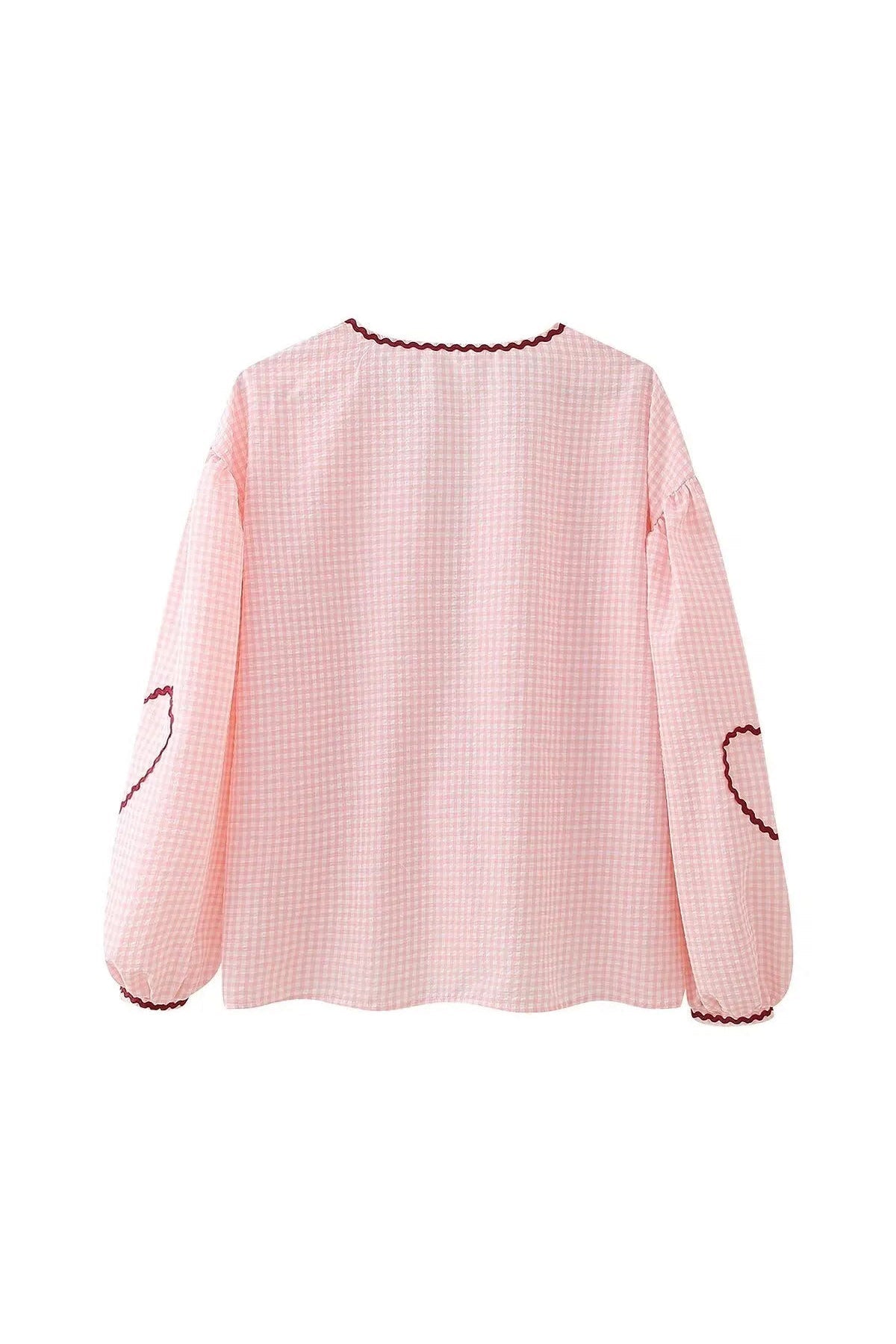 Gingham Blouse | Embroidered Heart Sleeves | Playful & Feminine