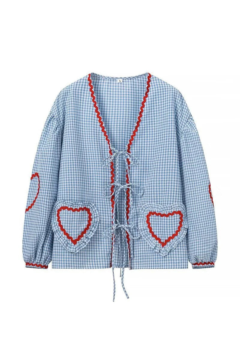 Gingham Blouse | Embroidered Heart Sleeves | Playful & Feminine