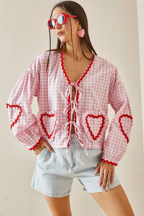 Gingham Blouse | Embroidered Heart Sleeves | Playful & Feminine