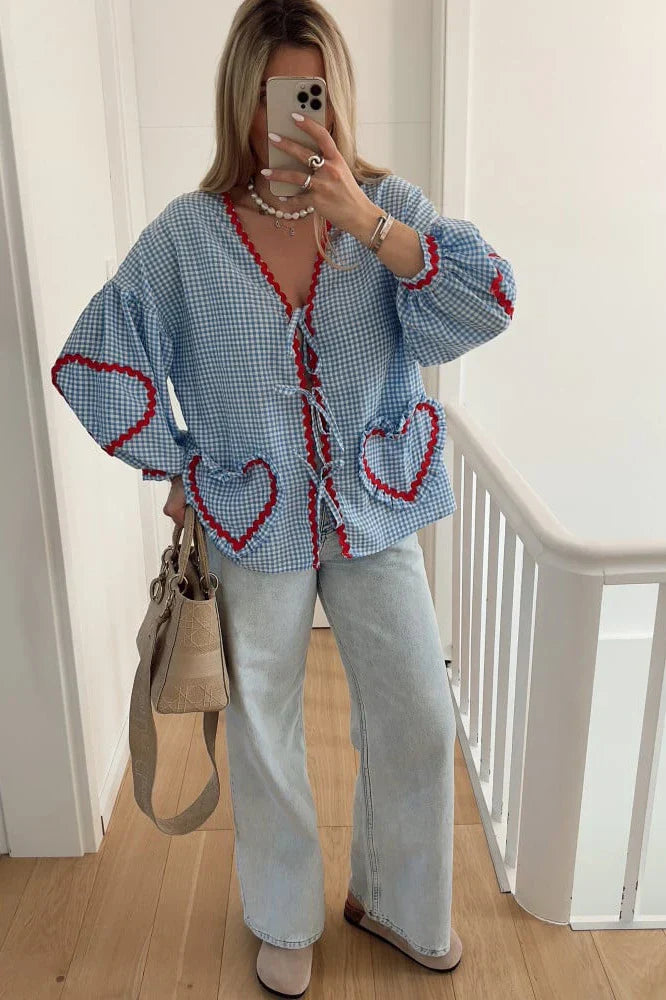 Gingham Blouse | Embroidered Heart Sleeves | Playful & Feminine