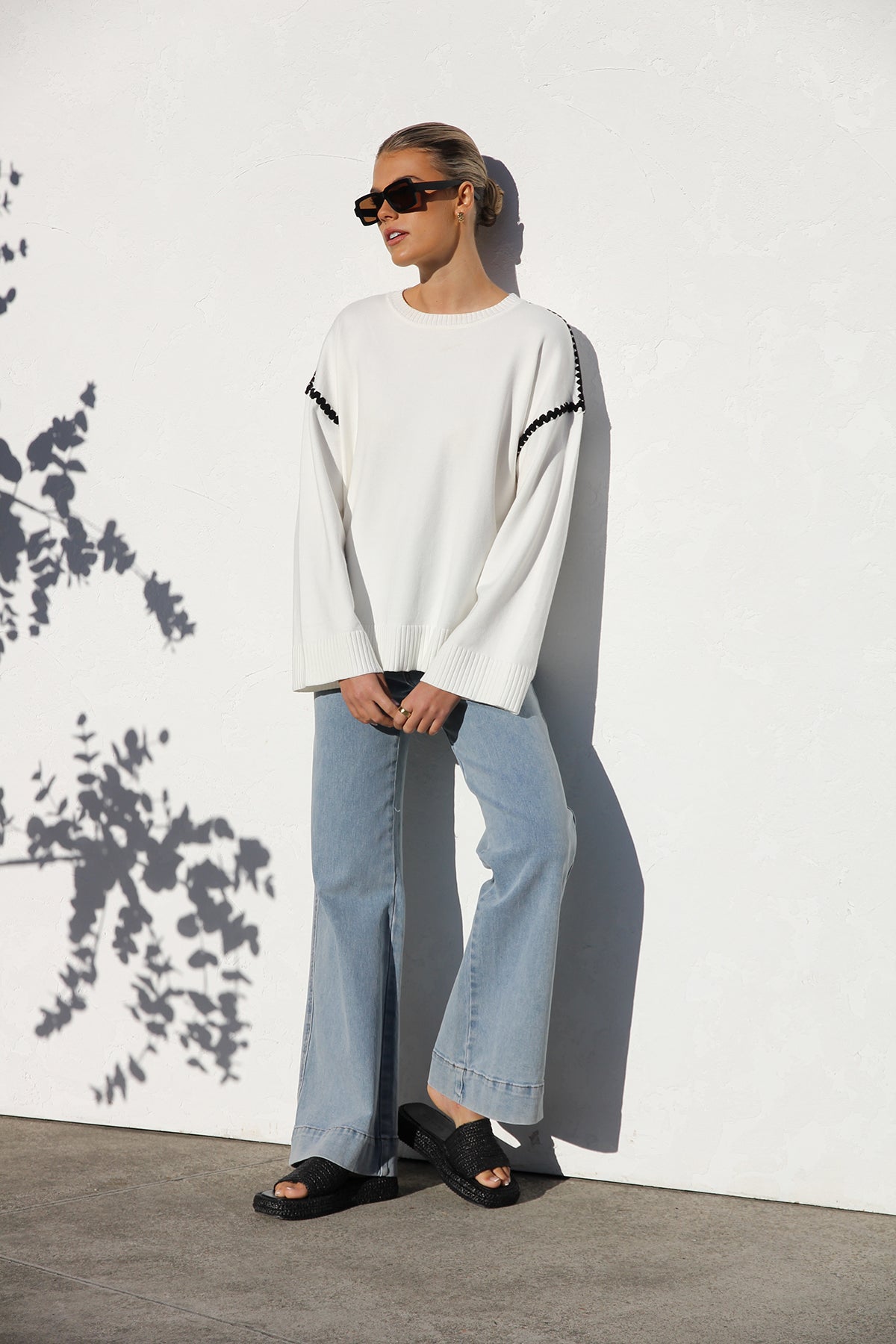 Oversized Contrast Stitch Sweater | Bell Sleeves | Modern & Chic