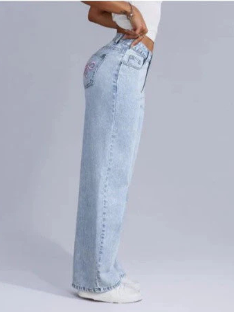 Jenni | Women’s Baggy Jeans | Pink Bow Detail Relaxed Fit