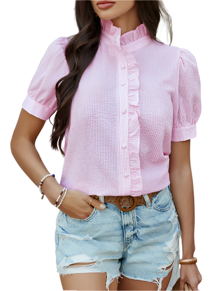 Julienne | Women’s Blouse | Striped Mock Neck Ruffle Puff Sleeve