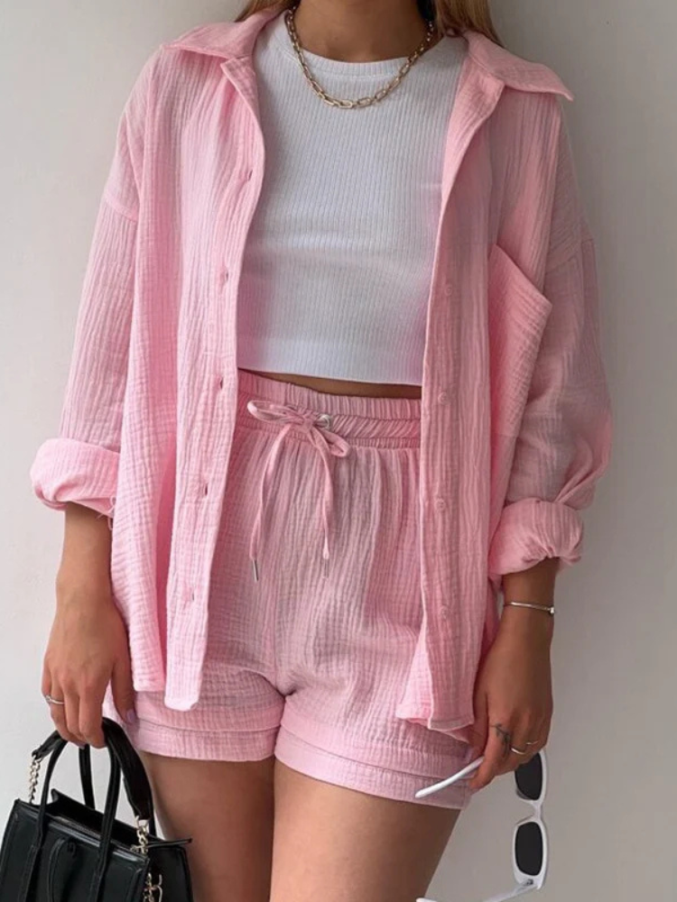 Laila | Women’s Loungewear Set | Cotton Collar Top & Shorts