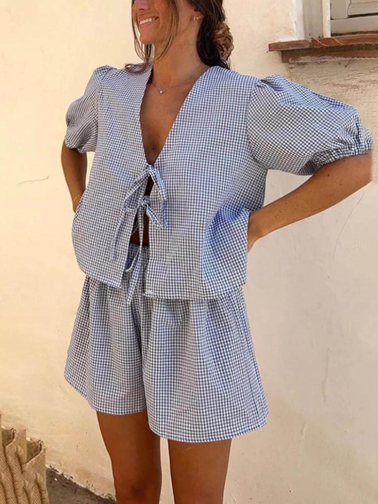 Lina | Women’s Plaid Two-Piece Set | Lace-Up & Puff Sleeve