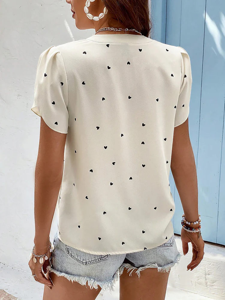 Liora | Women’s Blouse | Heart Print Notch Neck Short Sleeve