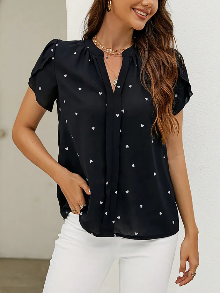Liora | Women’s Blouse | Heart Print Notch Neck Short Sleeve
