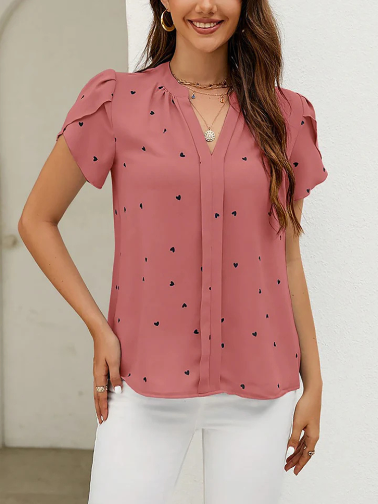 Liora | Women’s Blouse | Heart Print Notch Neck Short Sleeve