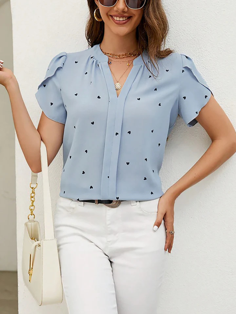 Liora | Women’s Blouse | Heart Print Notch Neck Short Sleeve