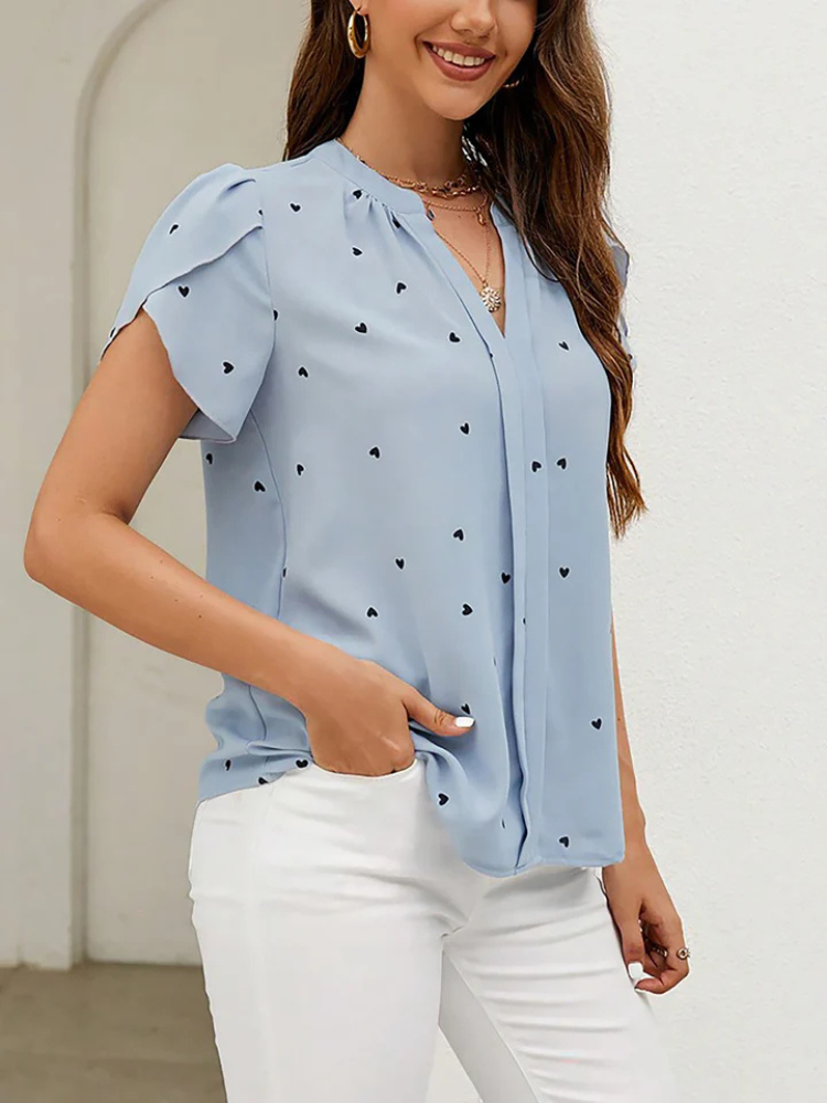 Liora | Women’s Blouse | Heart Print Notch Neck Short Sleeve