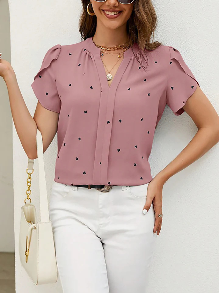 Liora | Women’s Blouse | Heart Print Notch Neck Short Sleeve