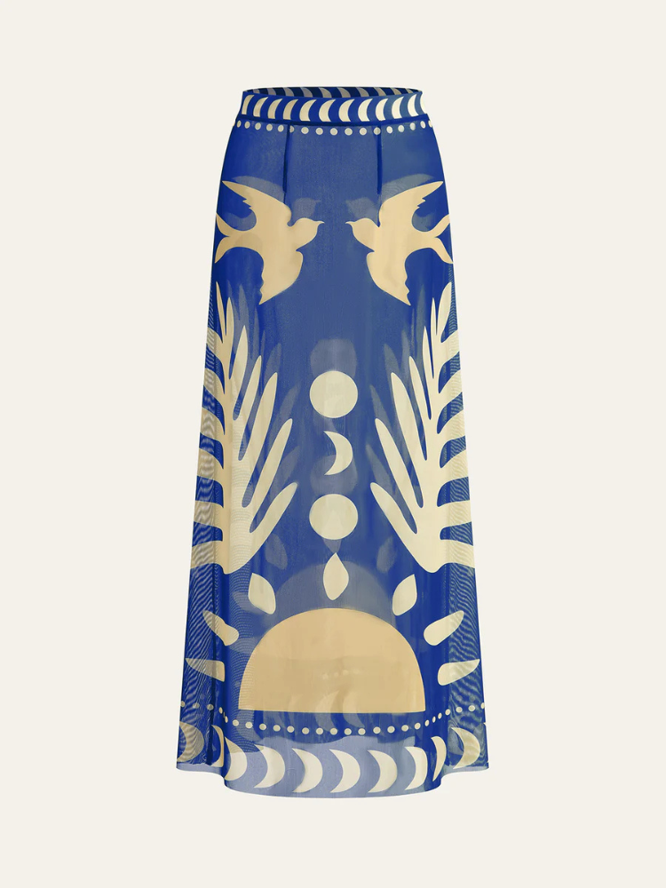 Liora | Women’s Maxi Skirt | Bird Print Mesh Cover Up