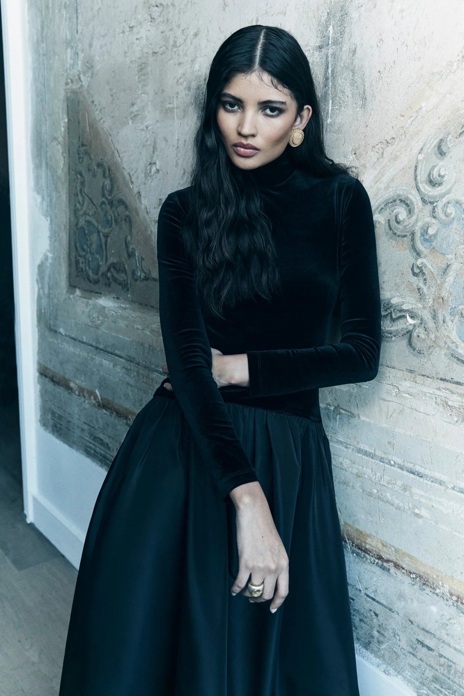 Women’s Velvet & Satin Midi Dress | Elegant & Sophisticated | High Neck & Flared Skirt