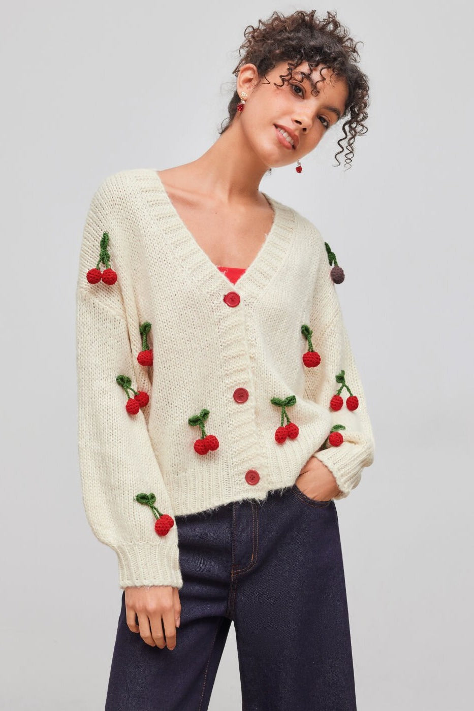 Cherry Embroidered Cardigan | V-Neck | Soft & Playful