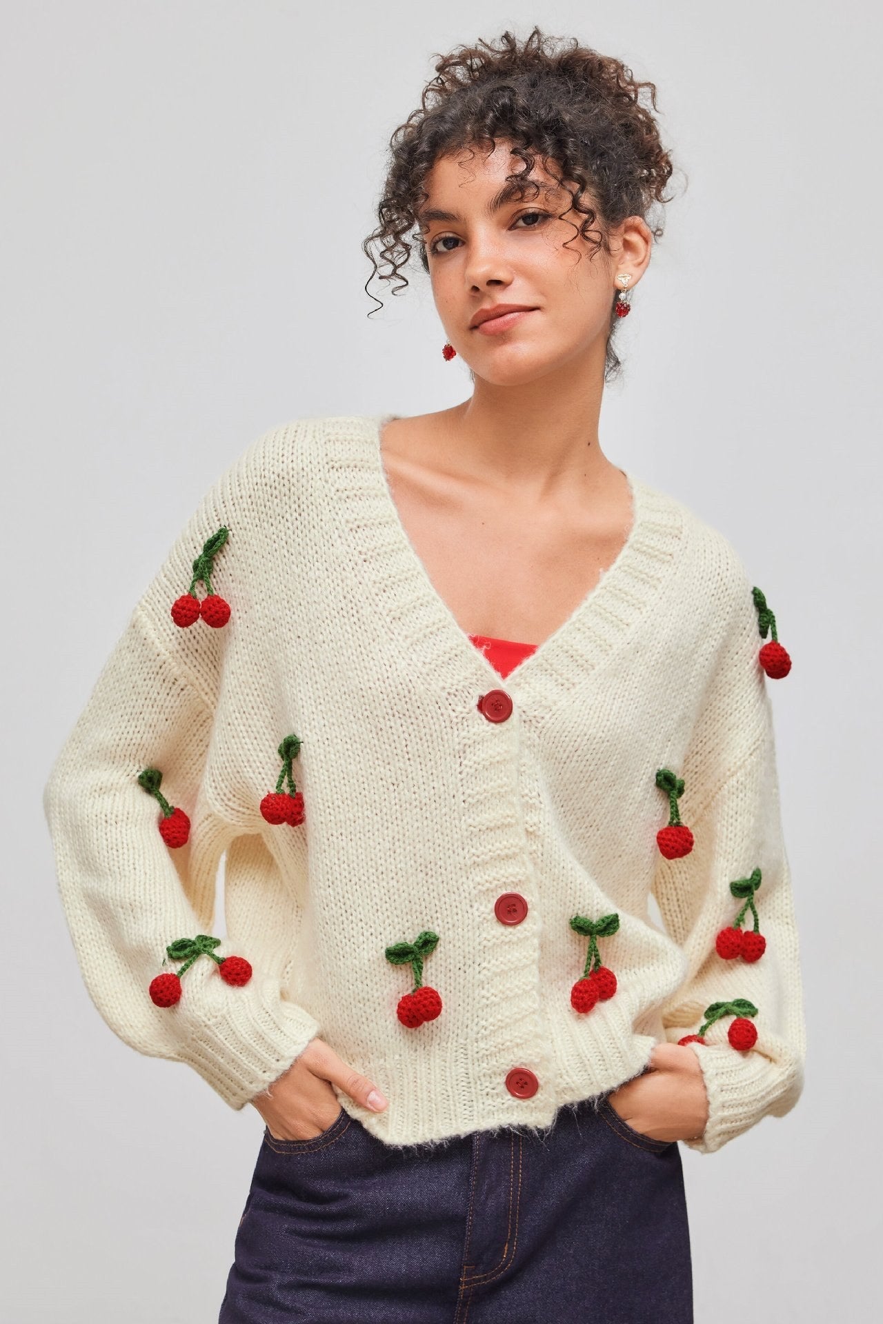 Cherry Embroidered Cardigan | V-Neck | Soft & Playful