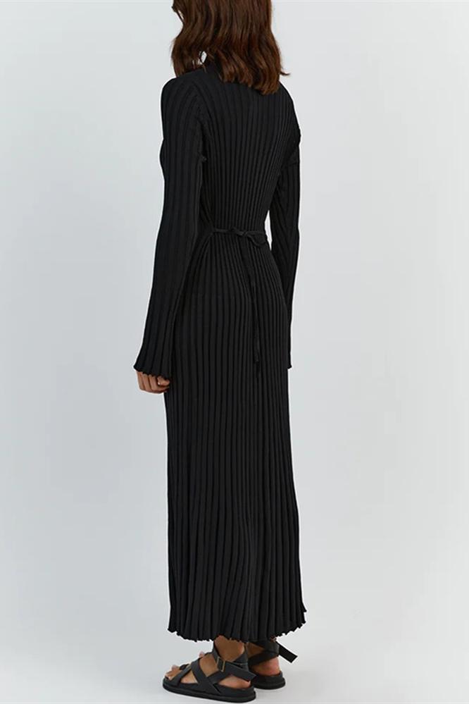 Ribbed Knit Maxi Dress | Elegant | Pleated Long Sleeve