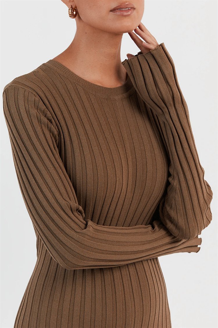Ribbed Knit Maxi Dress | Elegant | Pleated Long Sleeve