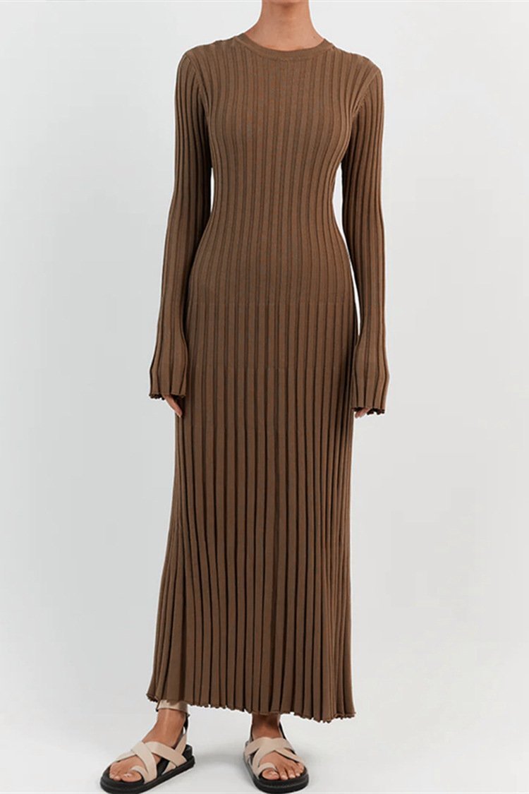 Ribbed Knit Maxi Dress | Elegant | Pleated Long Sleeve