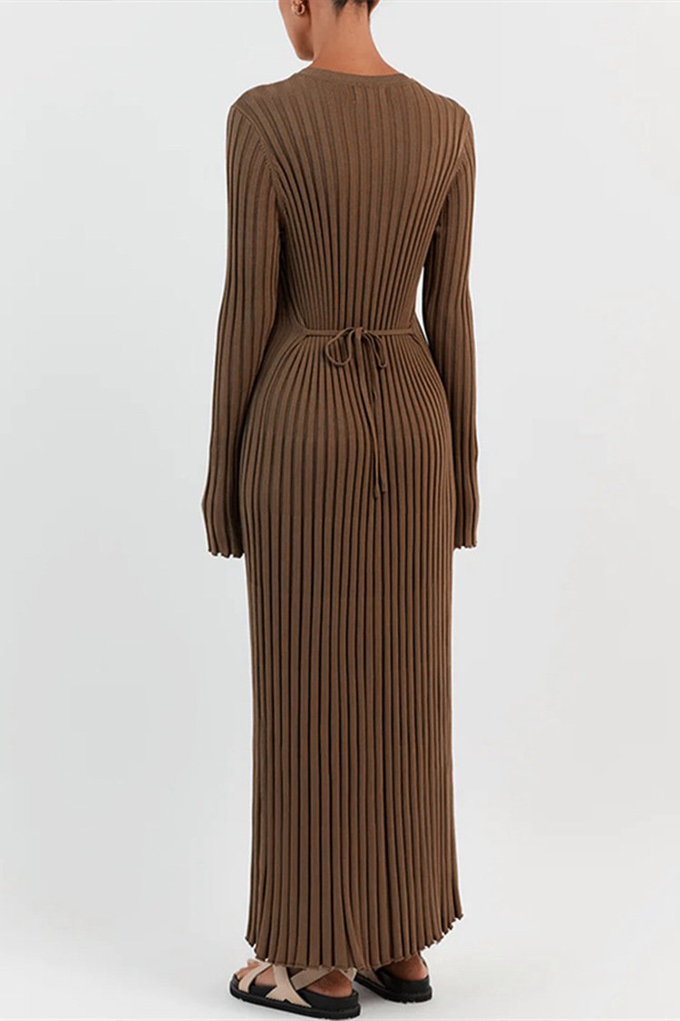 Ribbed Knit Maxi Dress | Elegant | Pleated Long Sleeve