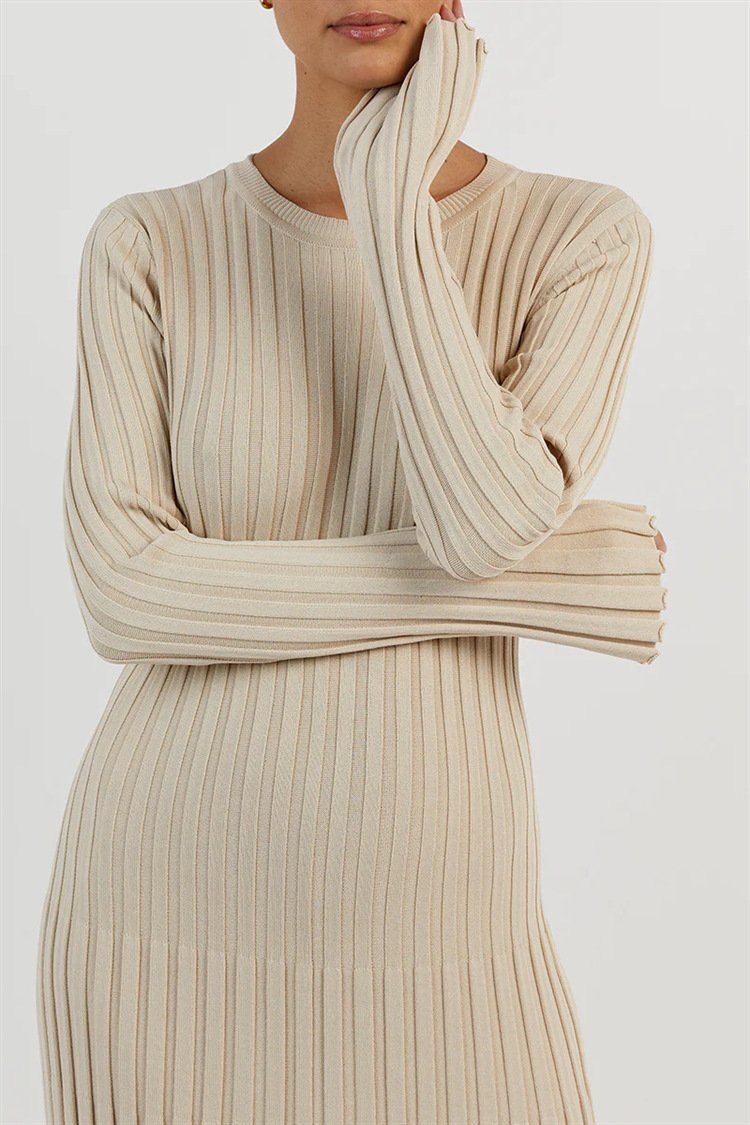 Ribbed Knit Maxi Dress | Elegant | Pleated Long Sleeve