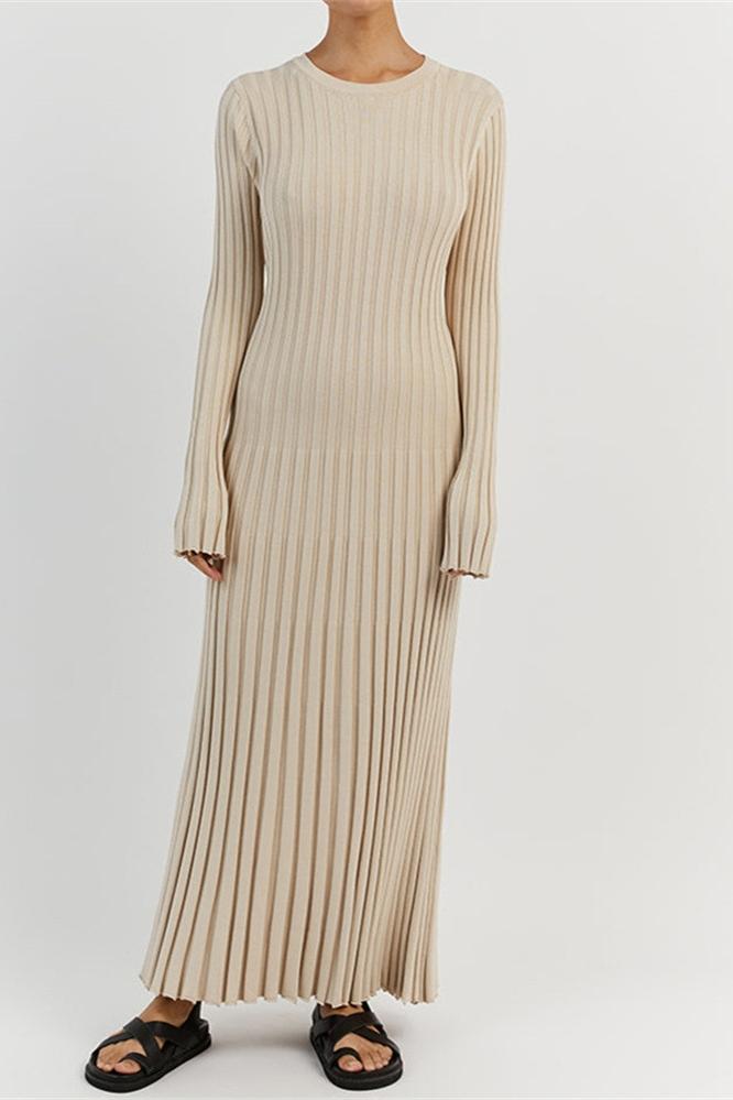 Ribbed Knit Maxi Dress | Elegant | Pleated Long Sleeve