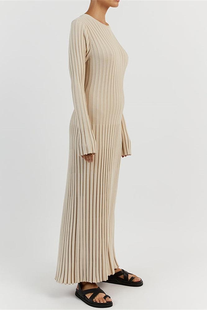 Ribbed Knit Maxi Dress | Elegant | Pleated Long Sleeve