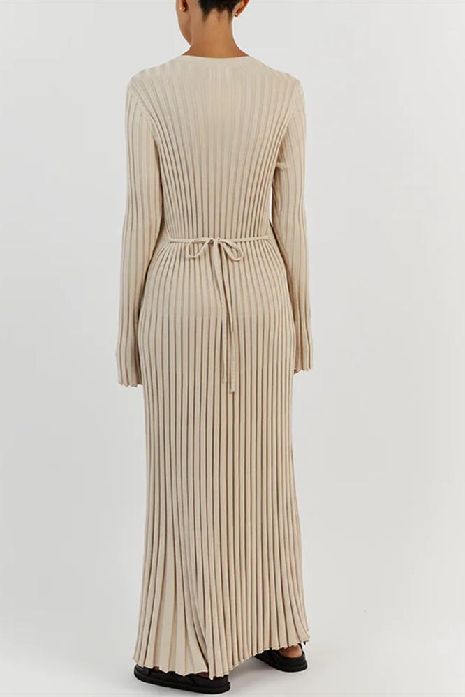 Ribbed Knit Maxi Dress | Elegant | Pleated Long Sleeve