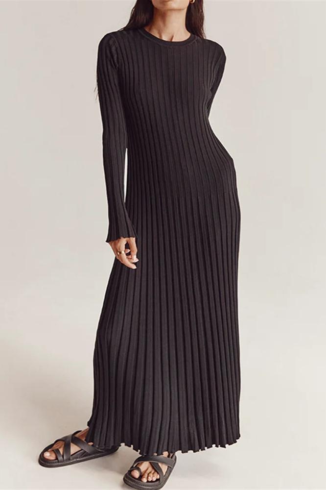Ribbed Knit Maxi Dress | Elegant | Pleated Long Sleeve