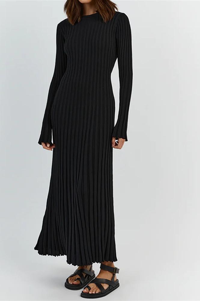 Ribbed Knit Maxi Dress | Elegant | Pleated Long Sleeve