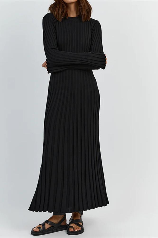 Ribbed Knit Maxi Dress | Elegant | Pleated Long Sleeve