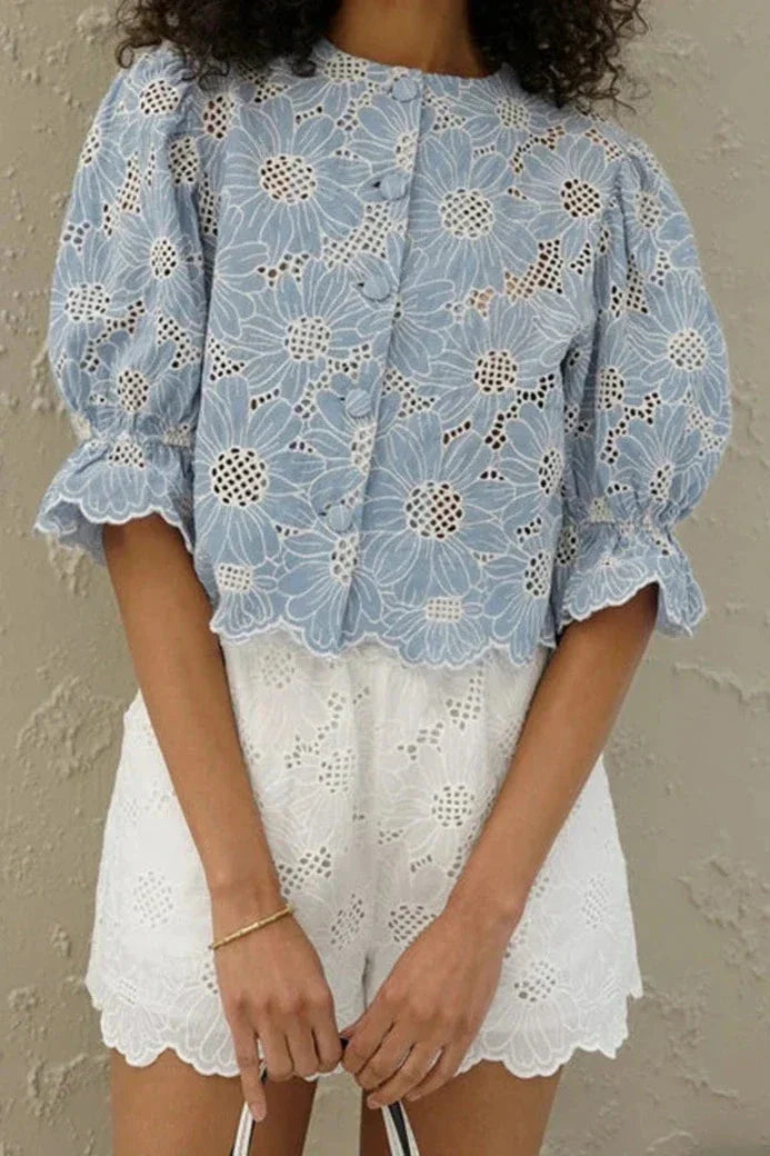 Embroidered Puff-Sleeve Blouse | Feminine & Elegant | Scalloped Hem