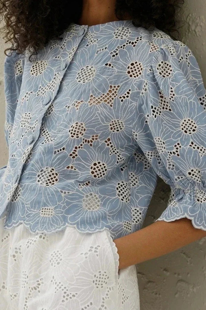 Embroidered Puff-Sleeve Blouse | Feminine & Elegant | Scalloped Hem