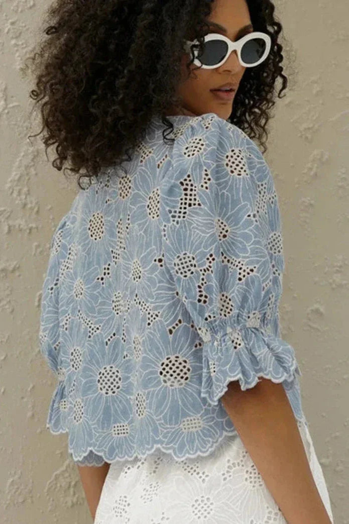 Embroidered Puff-Sleeve Blouse | Feminine & Elegant | Scalloped Hem