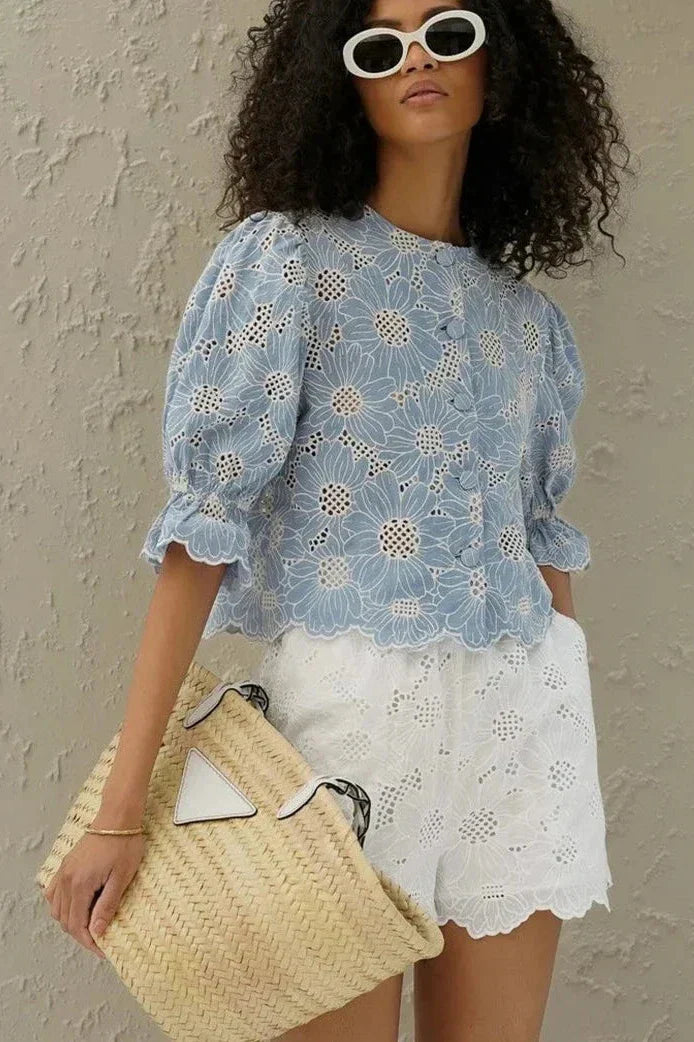 Embroidered Puff-Sleeve Blouse | Feminine & Elegant | Scalloped Hem