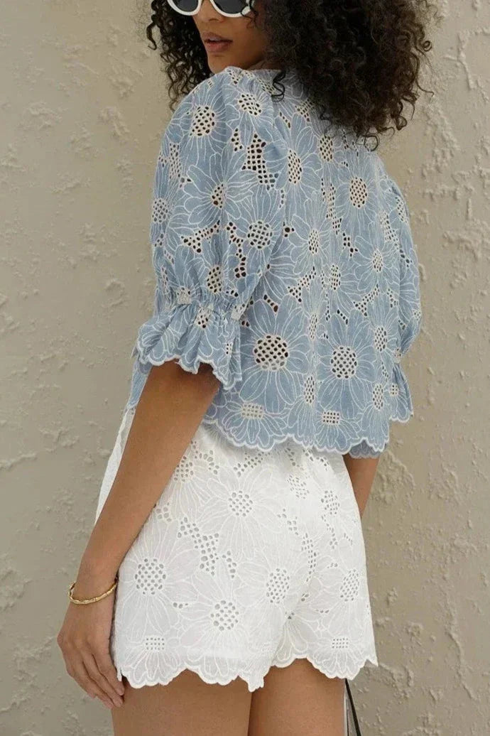 Embroidered Puff-Sleeve Blouse | Feminine & Elegant | Scalloped Hem