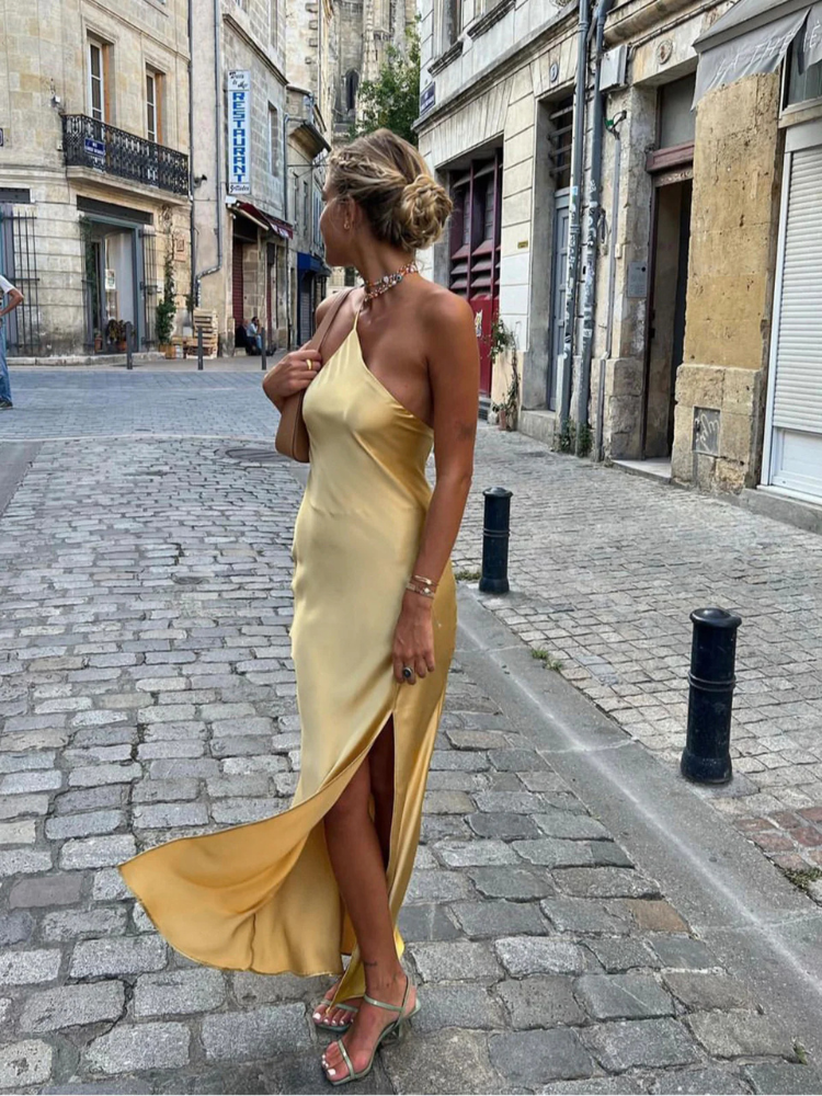 Selene | Women’s Long Dress | Satin Open Back Slit