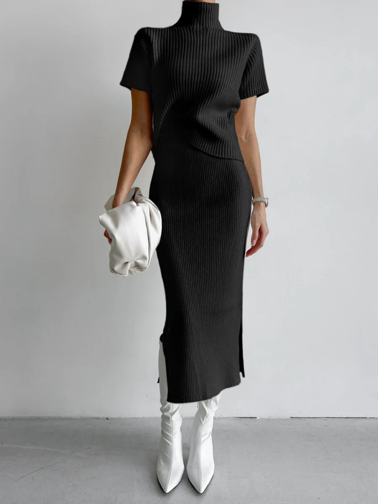 Selise | Women’s Skirt Set | Ribbed High Neck Split Knit