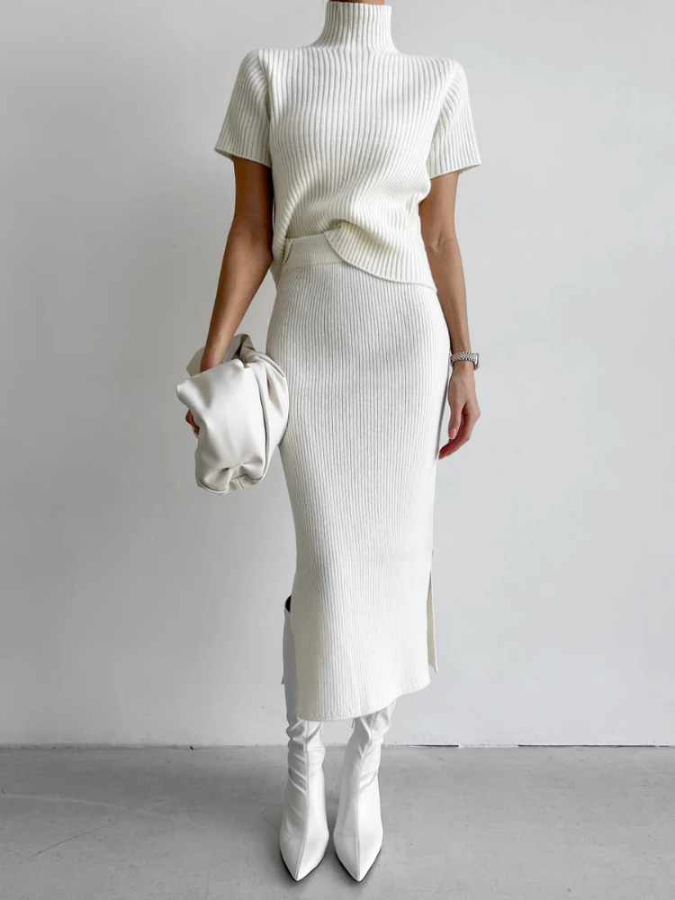 Selise | Women’s Skirt Set | Ribbed High Neck Split Knit